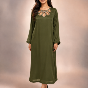 Embalished gala olive 2 piece silk suit