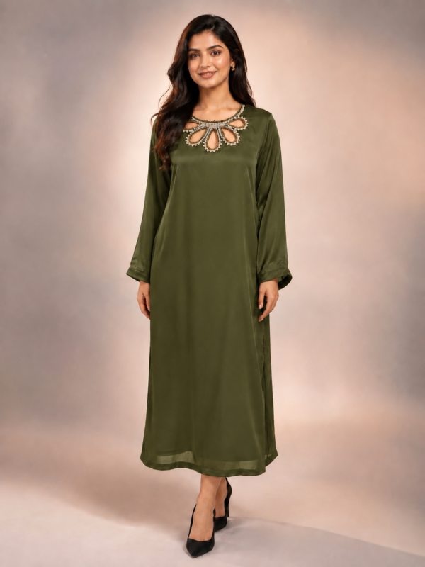 Embalished gala olive 2 piece silk suit