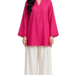 2 Piece Magenta Ivory Silk Suit | Scallop Hem Shirt with Wide Pants