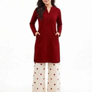 2 Piece Red Maroon Silk Suit | Heart Print Co-ord Set