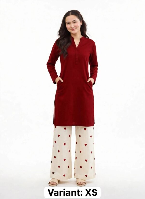 2 Piece Red Maroon Silk Suit | Heart Print Co-ord Set