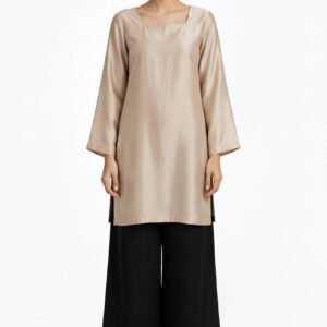 2 Piece Beige Black Silk Suit | Square Neck Shirt with Wide Palazzo Pants