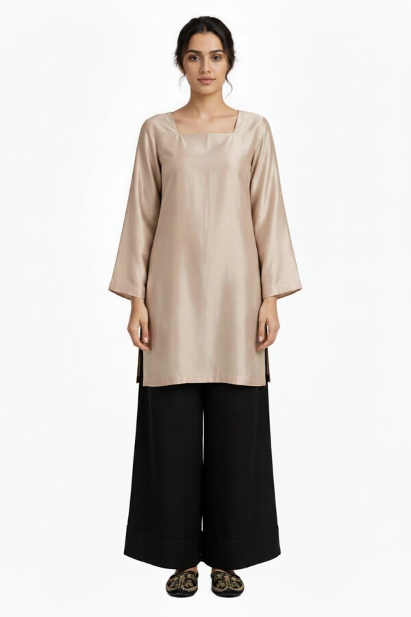 2 Piece Beige Black Silk Suit | Square Neck Shirt with Wide Palazzo Pants