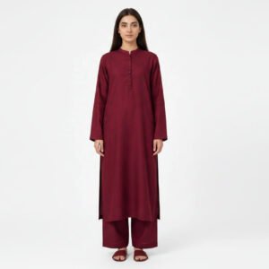 2 Piece Royal Maroon Silk Suit | Button Placket Shirt with Wide Pants