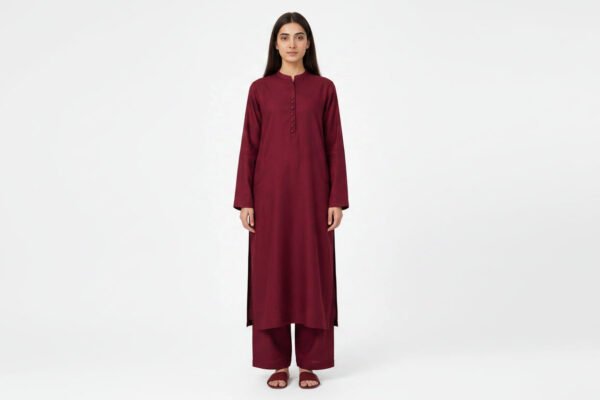 2 Piece Royal Maroon Silk Suit | Button Placket Shirt with Wide Pants