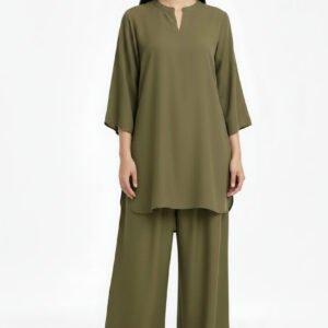 2 Piece Olive Green Silk Suit | Dolman Sleeve Shirt with Wide Palazzo Pants