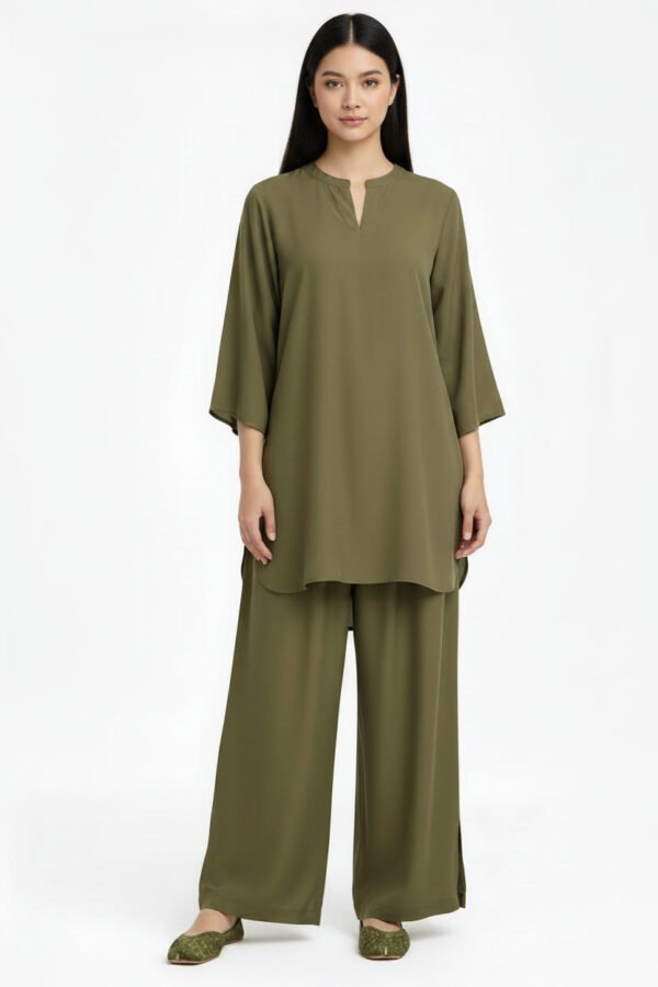 2 Piece Olive Green Silk Suit | Dolman Sleeve Shirt with Wide Palazzo Pants
