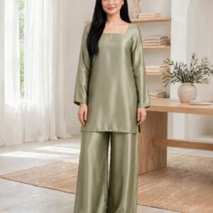 2 Piece Olive Silk Suit | Square Neck Shirt with Palazzo Pants - Luxe Pret