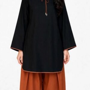 2 Piece Black Rust Silk Suit | Tie Neck Shirt with Wide Pants