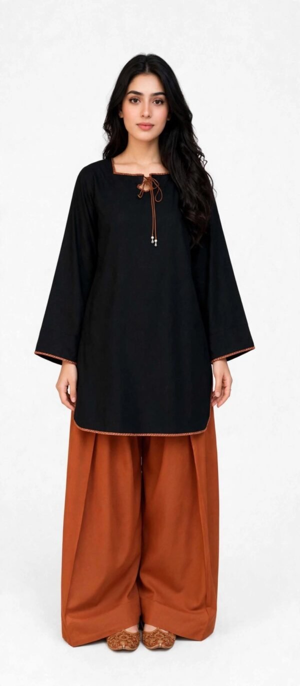 2 Piece Black Rust Silk Suit | Tie Neck Shirt with Wide Pants