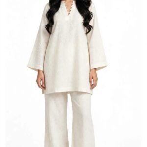 2 Piece Ivory Silk Suit | Pearl Button Shirt with Wide Pants