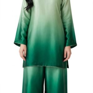 2 Piece Green Ombre Silk Suit | Square Neck Shirt with Wide Pants
