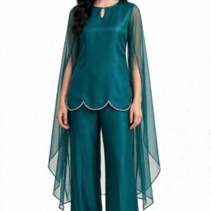 2 Piece Teal Silk Suit | Cape Sleeve Co-ord with Scallop Hem