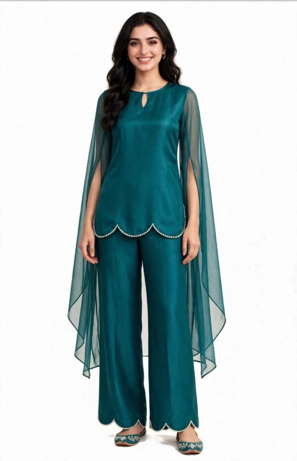 2 Piece Teal Silk Suit | Cape Sleeve Co-ord with Scallop Hem