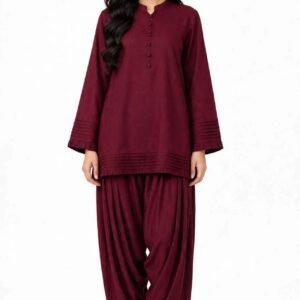 2 Piece Maroon Silk Suit | Pleated Shirt with Shalwar Pants