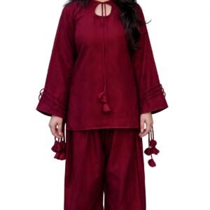 2 Piece Luxe Maroon Silk Suit | Tassel Neck Shirt with Palazzo Pants