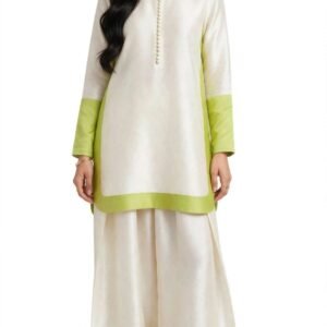 2 Piece Ivory Lime Silk Suit | Color Block Shirt with Wide Pants