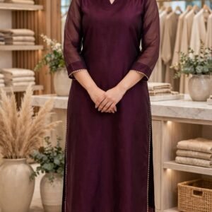 2 Piece Maroon Silk Suit | V-Neck Shirt with Straight Pants