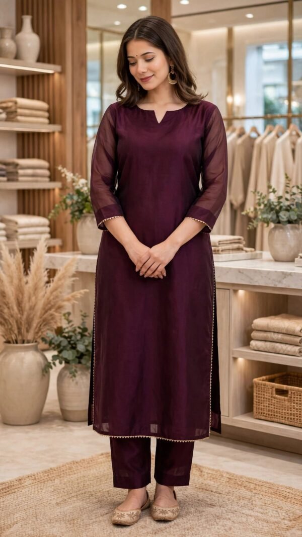 2 Piece Maroon Silk Suit | V-Neck Shirt with Straight Pants