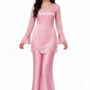 2 Piece Pink Silk Suit | Bell Sleeve Co-ord with Scallop Hem