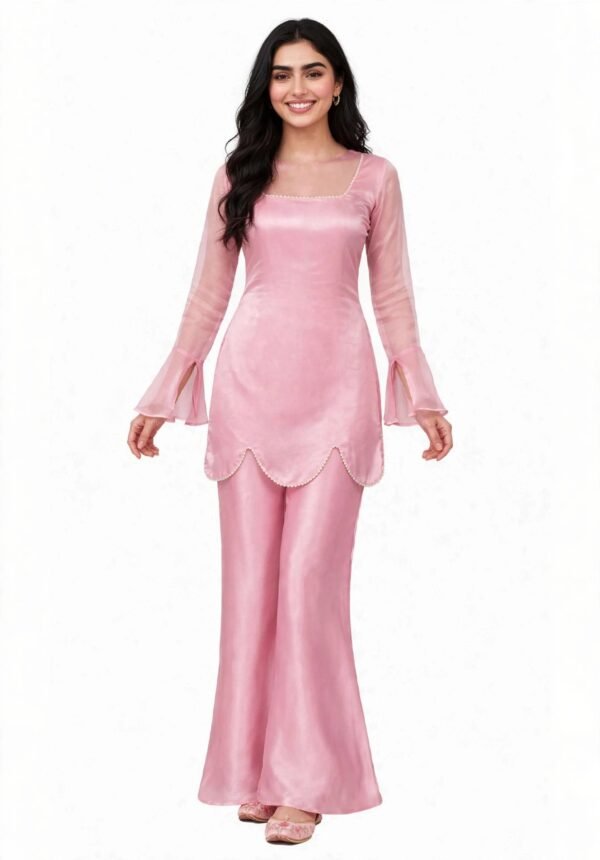2 Piece Pink Silk Suit | Bell Sleeve Co-ord with Scallop Hem