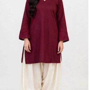 2 Piece Maroon Ivory Silk Suit | V-Neck Shirt with Shalwar