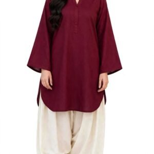 2 Piece Maroon Ivory Silk Suit | Bell Sleeve Shirt with Shalwar