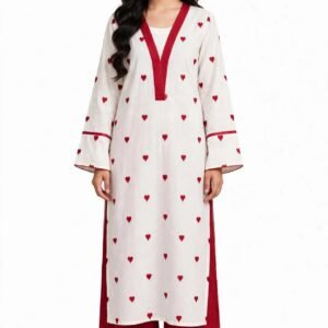 2 Piece White Maroon Silk Suit | Heart Print Co-ord Set