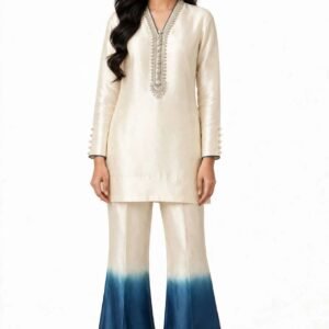2 Piece Ivory Blue Ombre Silk Suit | Embellished Co-ord Set