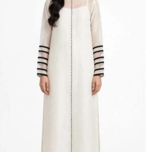 2 Piece Ivory Chiffon Suit | Beadwork Shirt with Striped Sleeves