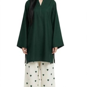2 Piece Emerald Green Silk Suit | Bell Sleeve Shirt with Heart Print Pants