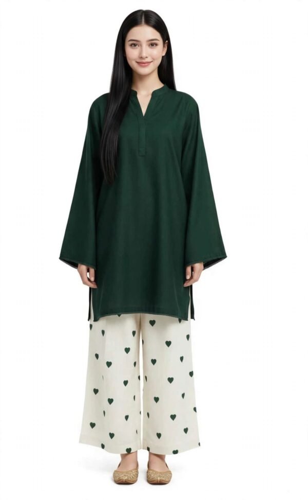 2 Piece Emerald Green Silk Suit | Bell Sleeve Shirt with Heart Print Pants
