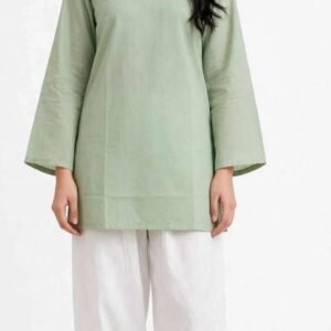 2 Piece Sage Green Silk Suit | Scallop V-Neck Shirt with White Pants