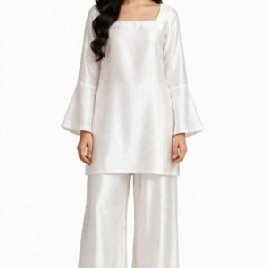 2 Piece White Silk Suit | Square Neck Co-ord Set