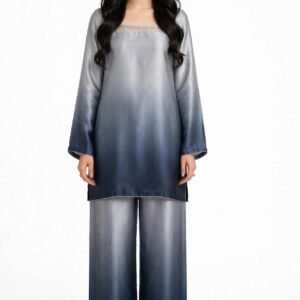 2 Piece Silver Navy Ombre Silk Suit | Square Neck Shirt with Wide Pants