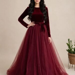 Velvet Dream - Maroon Velvet & Net 3-Piece Frock Set