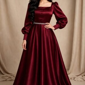 Royal Gala - Maroon Satin Shine 3-Piece Frock Set