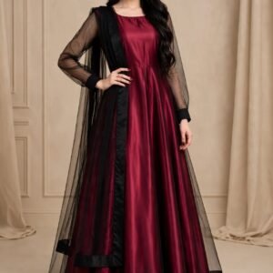Crimson Romance - Maroon Silk & Net 3-Piece Frock Set