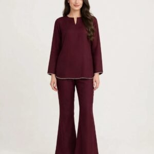 2 Piece Wine Silk Suit | Pearl Trim Shirt with Bell Bottom Pants