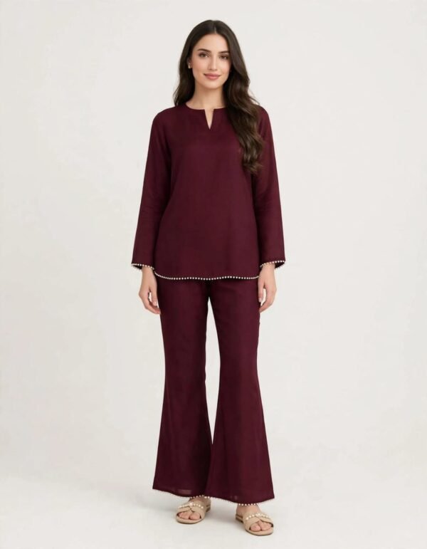 2 Piece Wine Silk Suit | Pearl Trim Shirt with Bell Bottom Pants