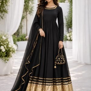 Midnight Royale - Black & Gold Chiffon 3-Piece Frock