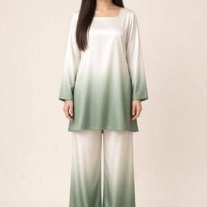 2 Piece Ombre Silk Suit | Square Neck Shirt with Wide Pants - White Sage
