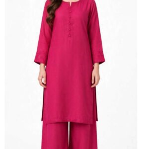 2 Piece Fuchsia Silk Suit | Embroidered Shirt with Wide Pants