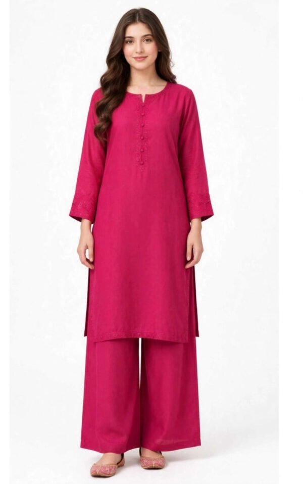 2 Piece Fuchsia Silk Suit | Embroidered Shirt with Wide Pants