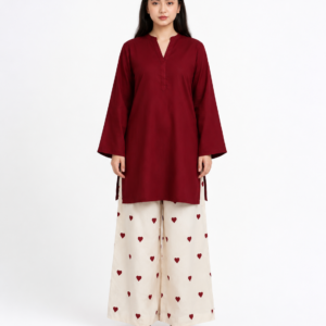 2 Piece Maroon Silk Suit | V-Neck Shirt with Heart Print Pants