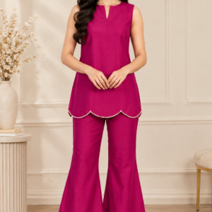Fuchsia Muse 2-Piece Silk Suit | Pearl Scallop Hem Co-ord