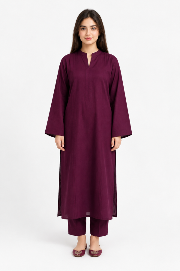 2 Piece Plum Silk Suit | Pintuck Shirt with Straight Pants