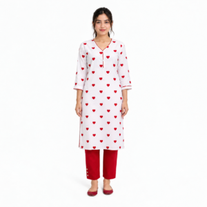 2 Piece Red Heart Print Silk Suit | Printed Shirt with Red Pants